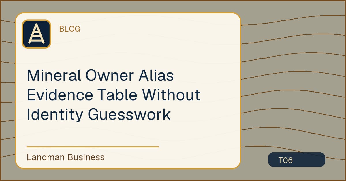 Editorial title card for Mineral Owner Alias Evidence Table Without Identity Guesswork