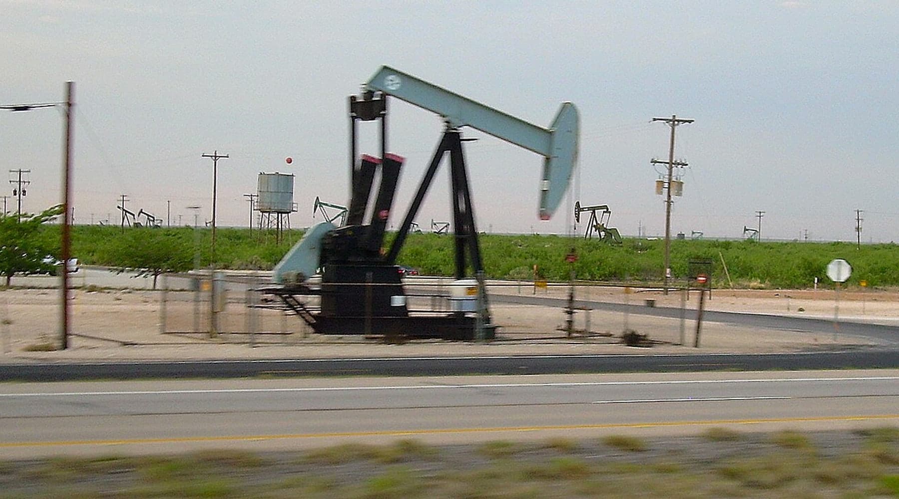 Oil pumpjacks operating across a Texas field